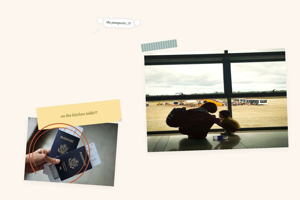 Editorial collage of a parent and child at the airport window realising their passports are still on the kitchen table