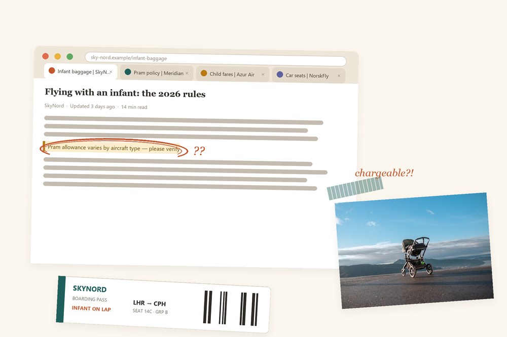 Editorial collage of an infant-travel policy article open in a browser with several airline tabs, a pram photo and a boarding pass