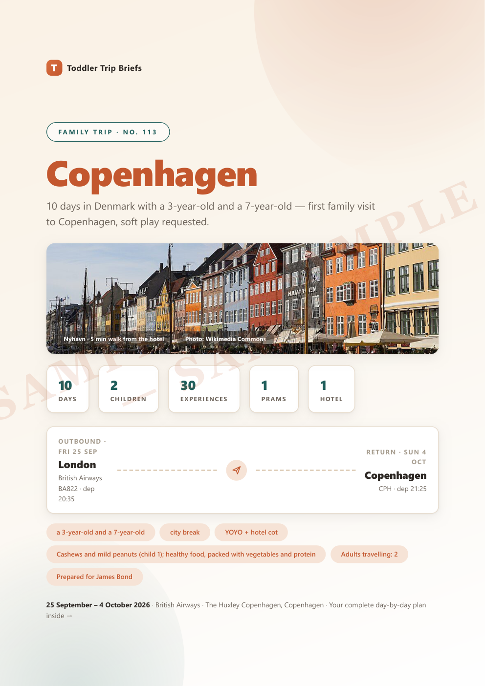 Cover of a real Toddler Trip Brief for a family trip to Copenhagen